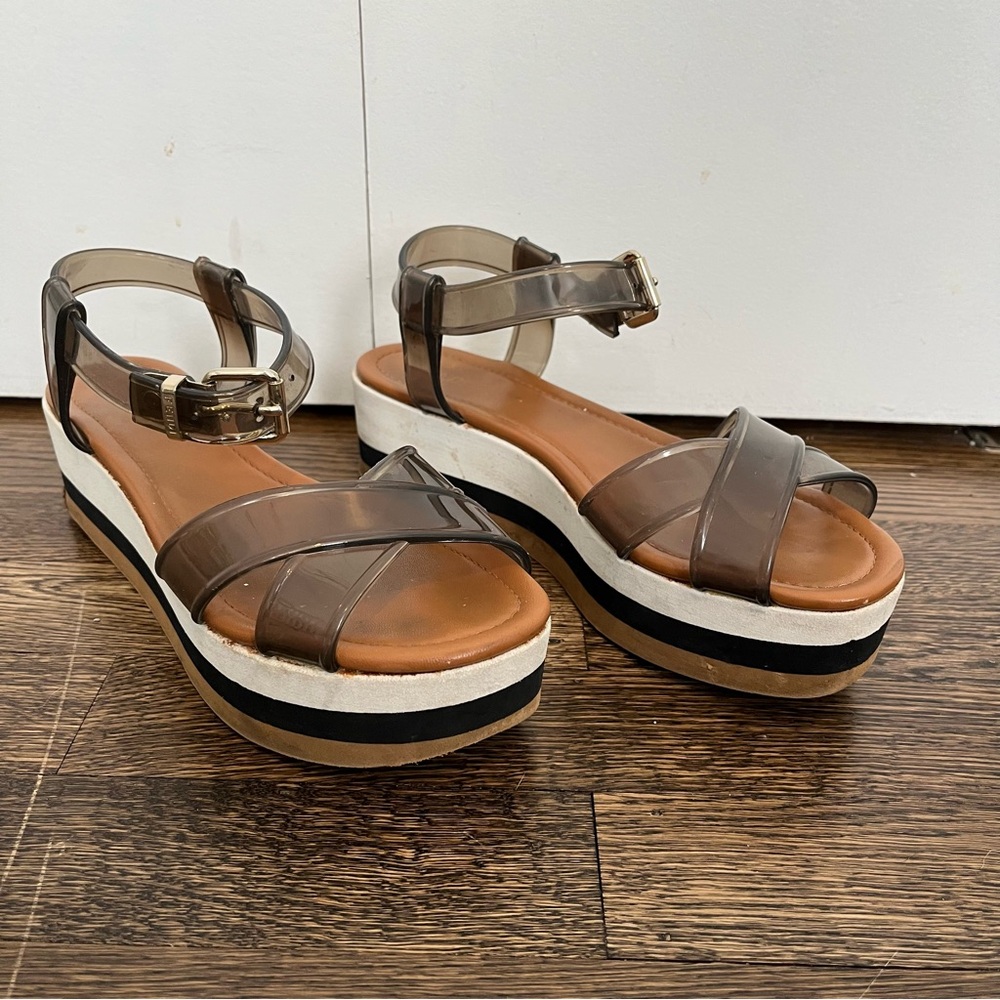 Fendi PVC Hydra Crisscross ankle strap platform sandal size 39 brown stripe